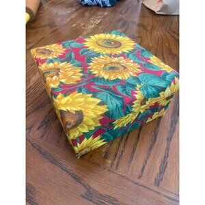 Sunflower Box Red Fabric Covered Green Leaf 6.5x5.5x3.5”